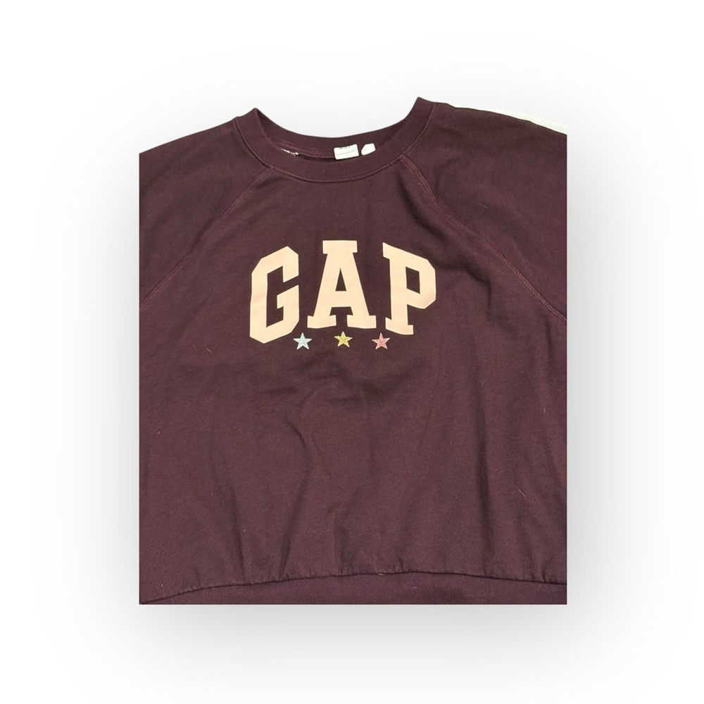 GAP Women’s Cropped Sweatshirt Small Burgundy Maroon Varsity Logo Stars Crewneck - Picture 7 of 8
